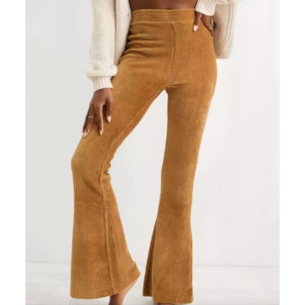 Aerie Flare Pants Gold WMNS L Groove On Velour Ribbed High Rise Stretch Flare